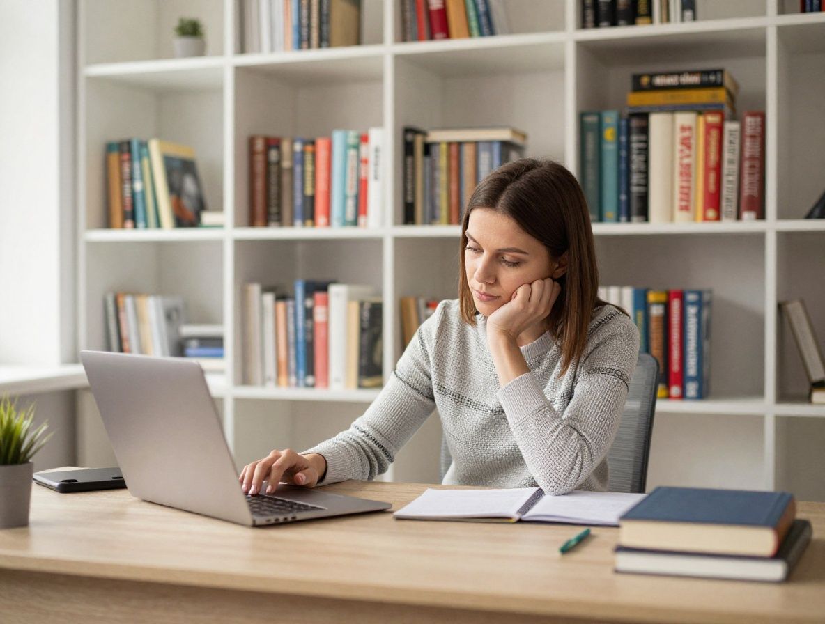 Moderni otvoreni ured s knjigama, bilješkama i istraživačkim materijalima na radnom stolu uz prozor s pogledom na urbani krajolik u dnevnom svjetlu